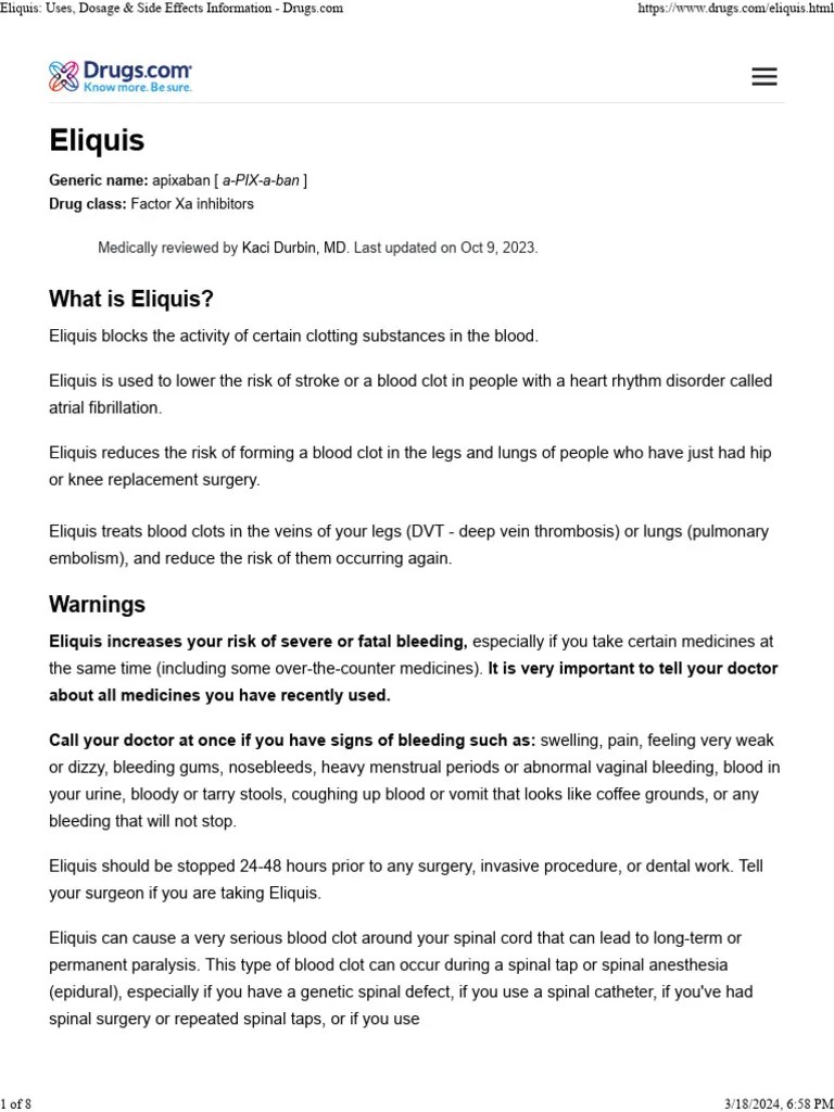 Eliquis uses, dosage & side effects information