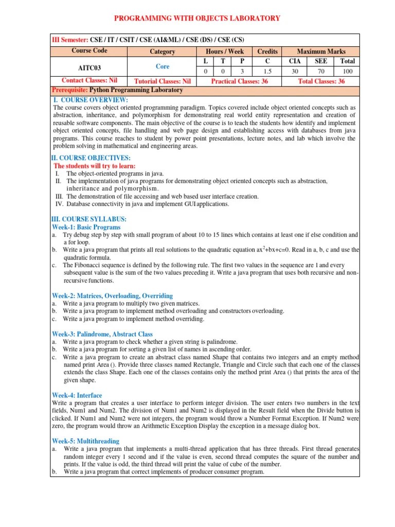 Programming With Objects Lab Manual | PDF | Computer File | Programming