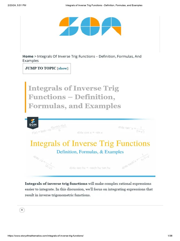 Integrals Of Inverse Trig Functions - Definition, Formulas, And ...