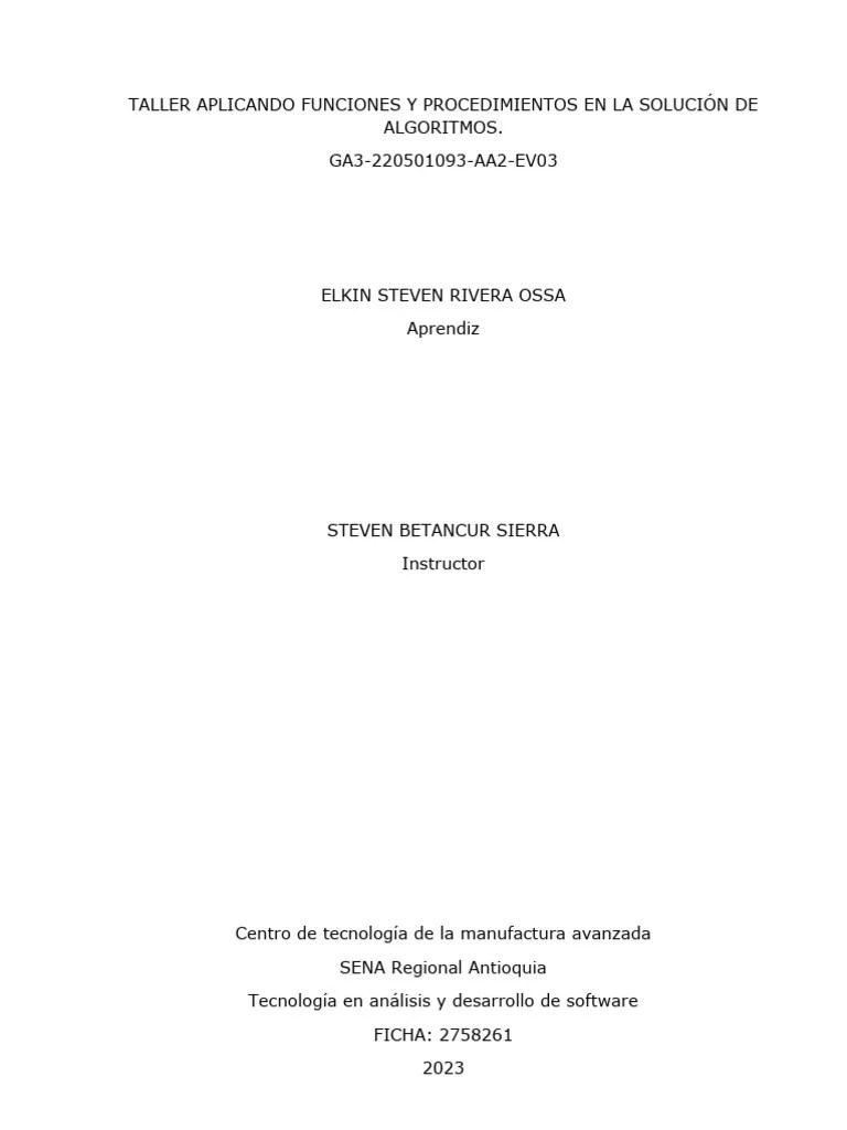 Taller Aplicando Funciones Y Procedimientos En La Solución De ...
