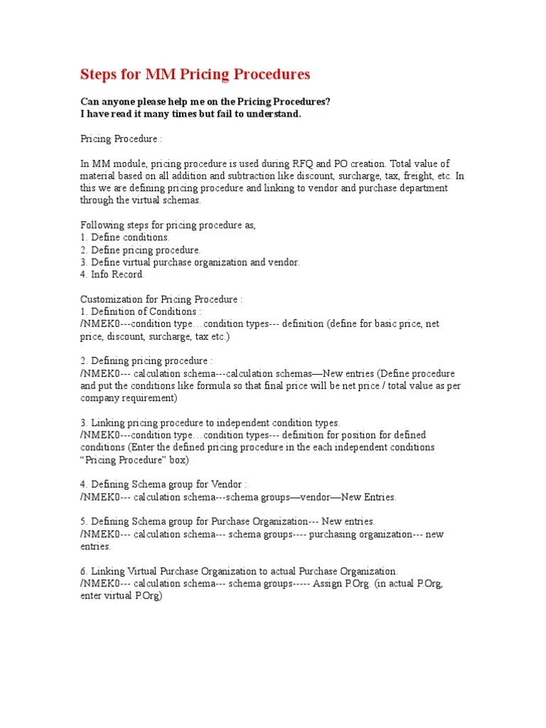 Steps For MM Pricing Procedures | PDF | Xml Schema | Pricing