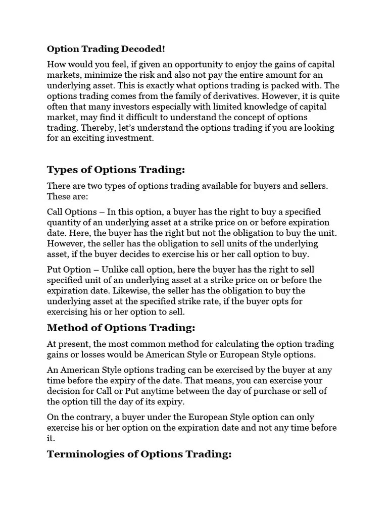 Option Trading | Download Free PDF | Option (Finance) | Put Option