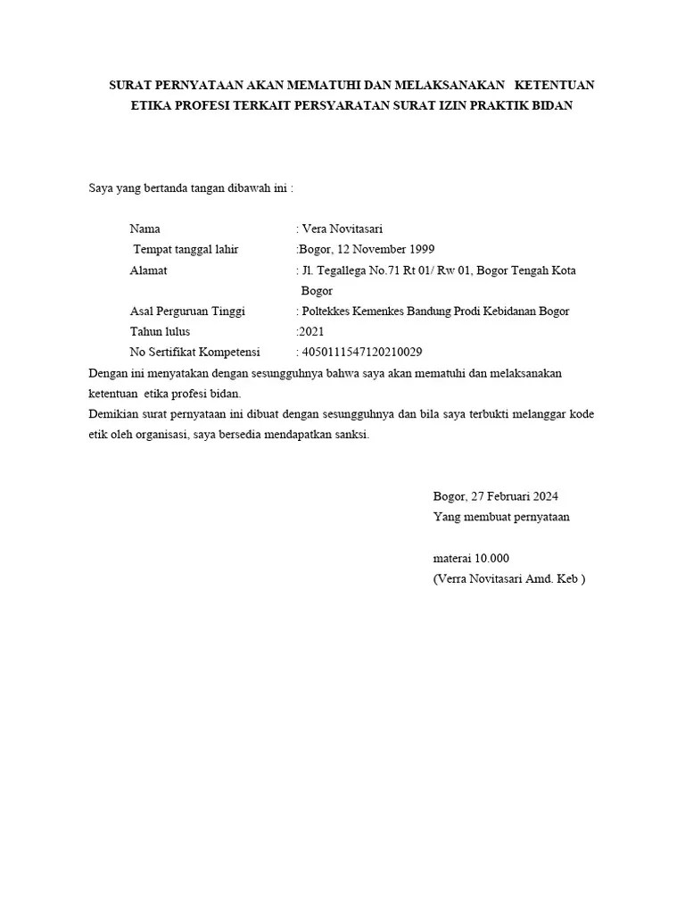 Surat Pernyataan Dan Permohonan SIPB PMB - 2024 Verra | PDF