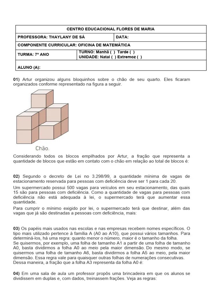 Atividade Para 7° Ano - Matemática | PDF