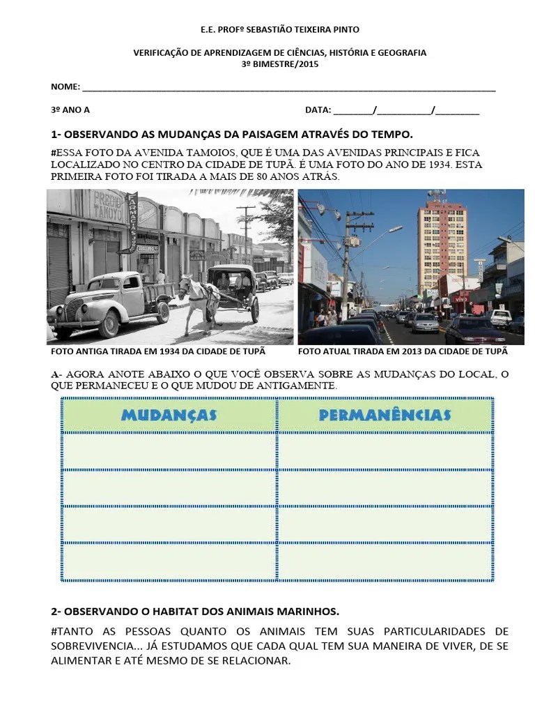 AVALIAÇÃO DE Ciencias História E Geografia 3º ANO_3º BIMESTRE | PDF ...