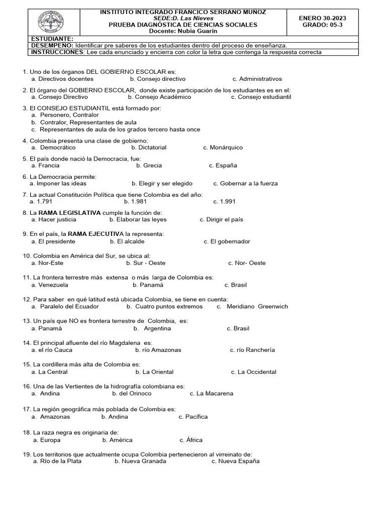 EVALUACIÓN DIAGNÓSTICA. 5to | PDF | Colombia | Democracia
