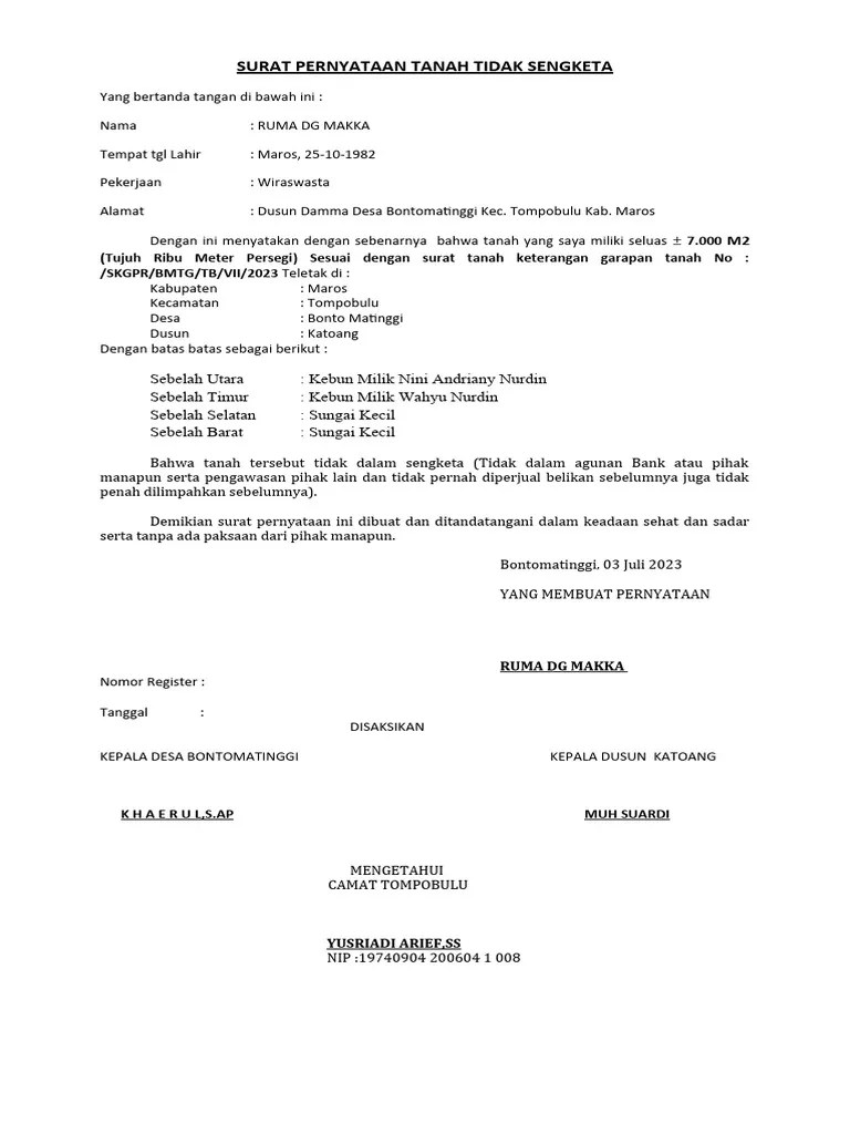 Surat Pernyataan Tanah Tidak Sengketa | PDF