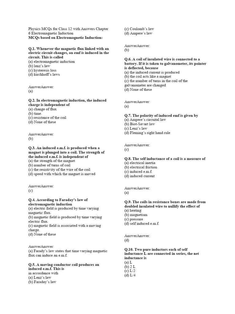 Physics MCQs For Class 12 With Answers Chapter 6 Electromagnetic ...