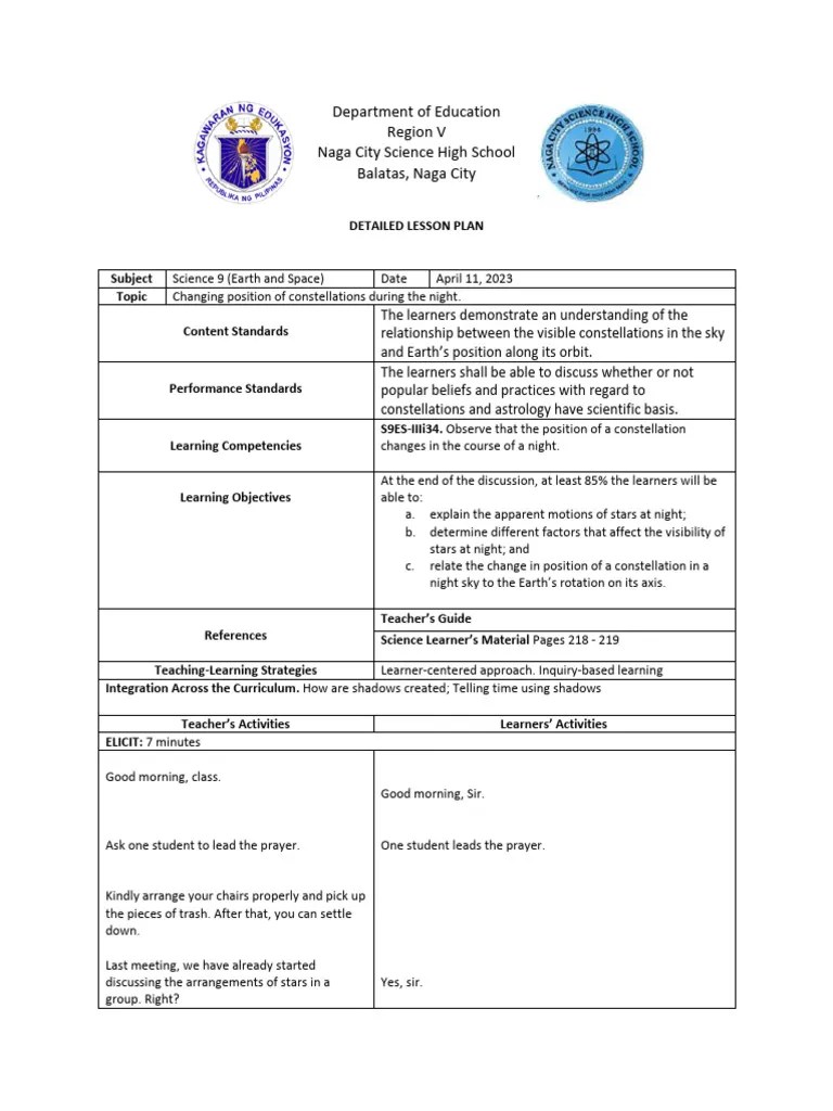 Detailed Lesson Plan (Constellations) | PDF | Sky | Stars