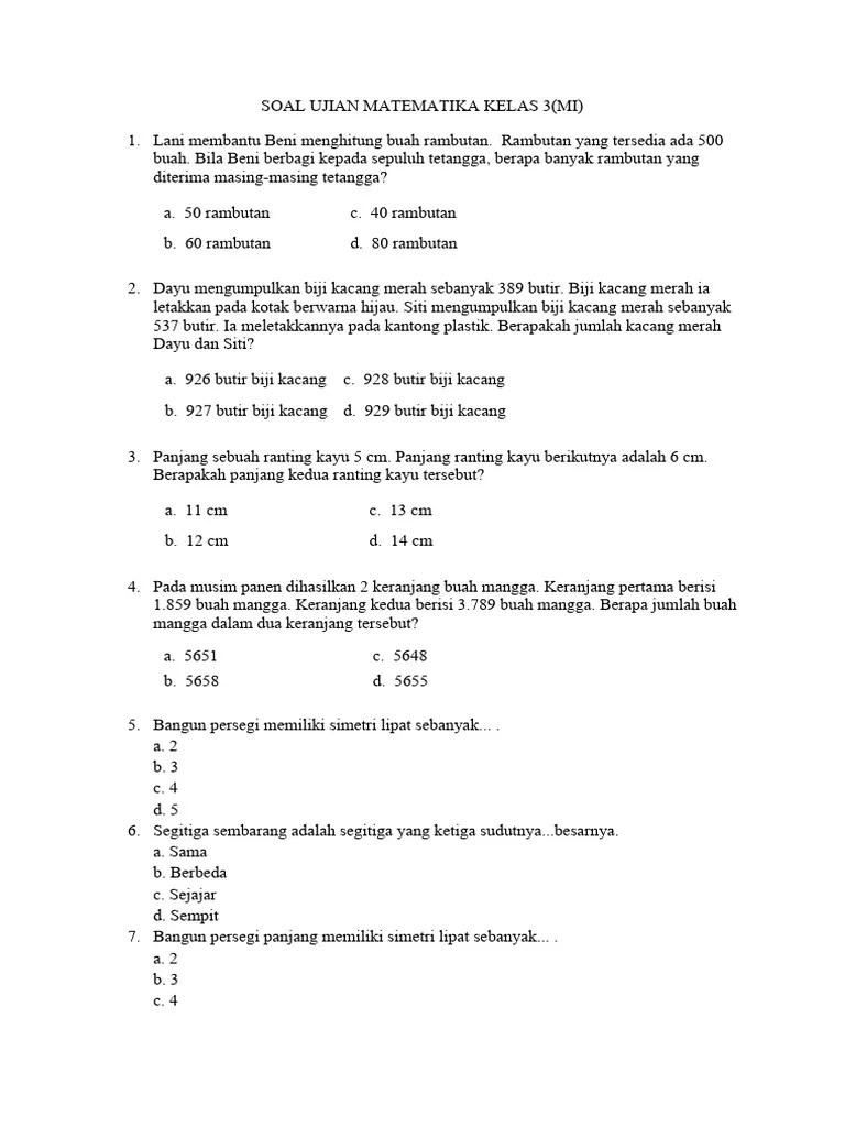 Soal Ujian Matematika Kelas 3 | PDF