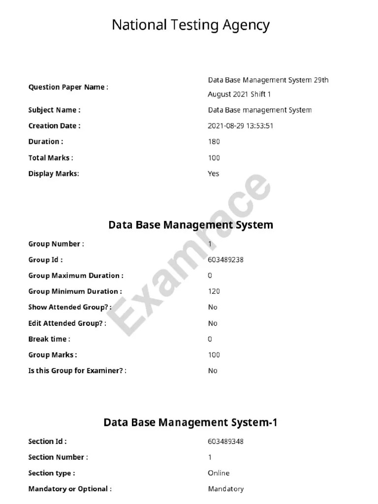SWAYAM Database Management System 2021 Shift 1 | PDF