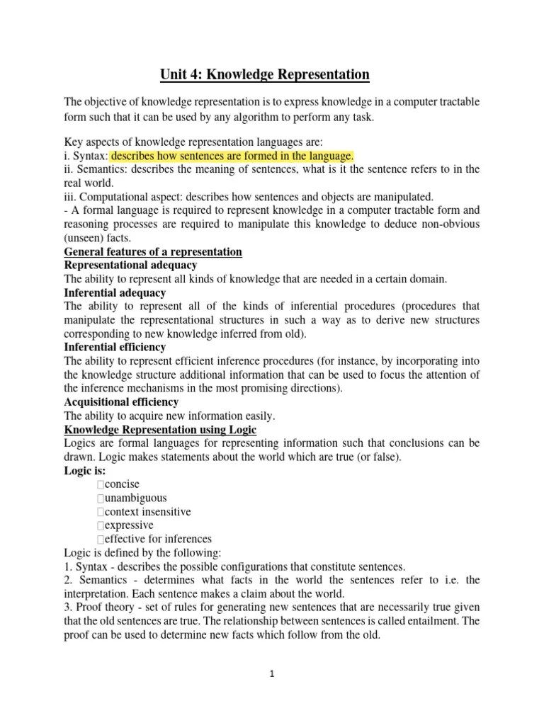Unit 4 Knowledge Representation | PDF | First Order Logic | Logic