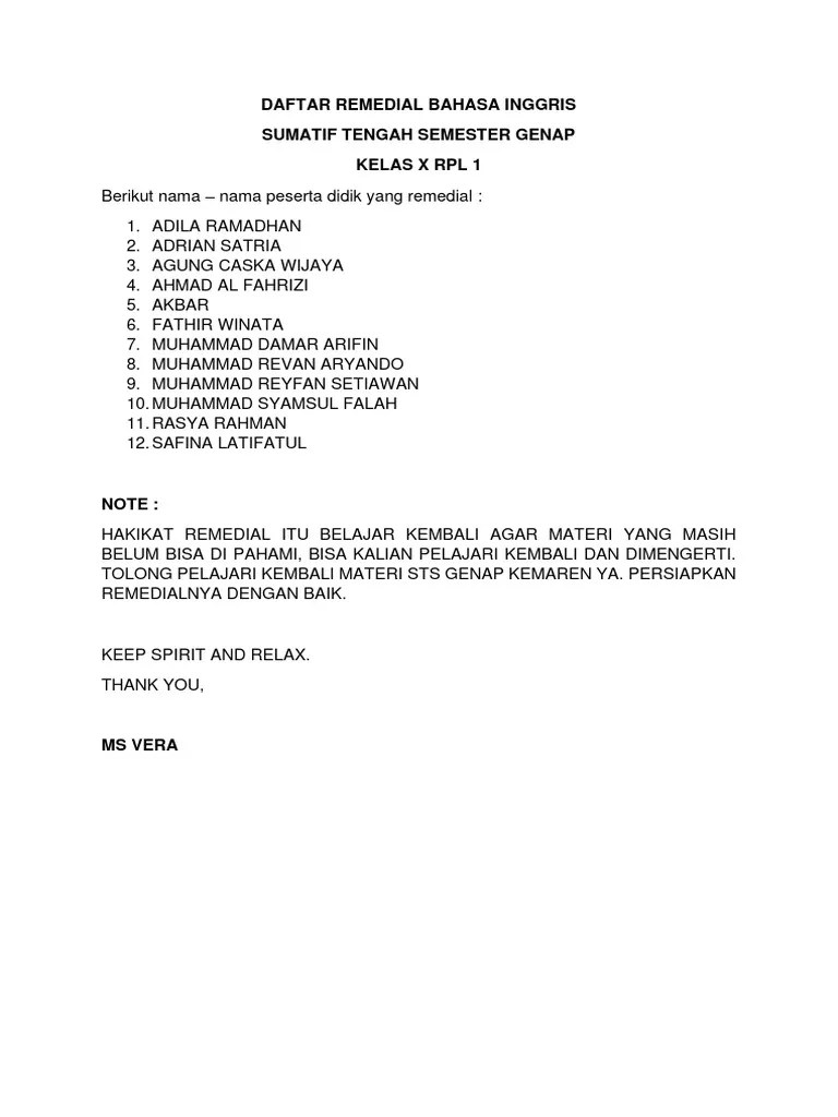 Daftar Remedial Sts Genap English Kelas X 2024 | PDF