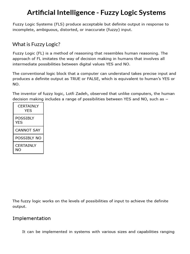 Artificial Intelligence - Fuzzy Logic Systems | PDF | Fuzzy Logic ...