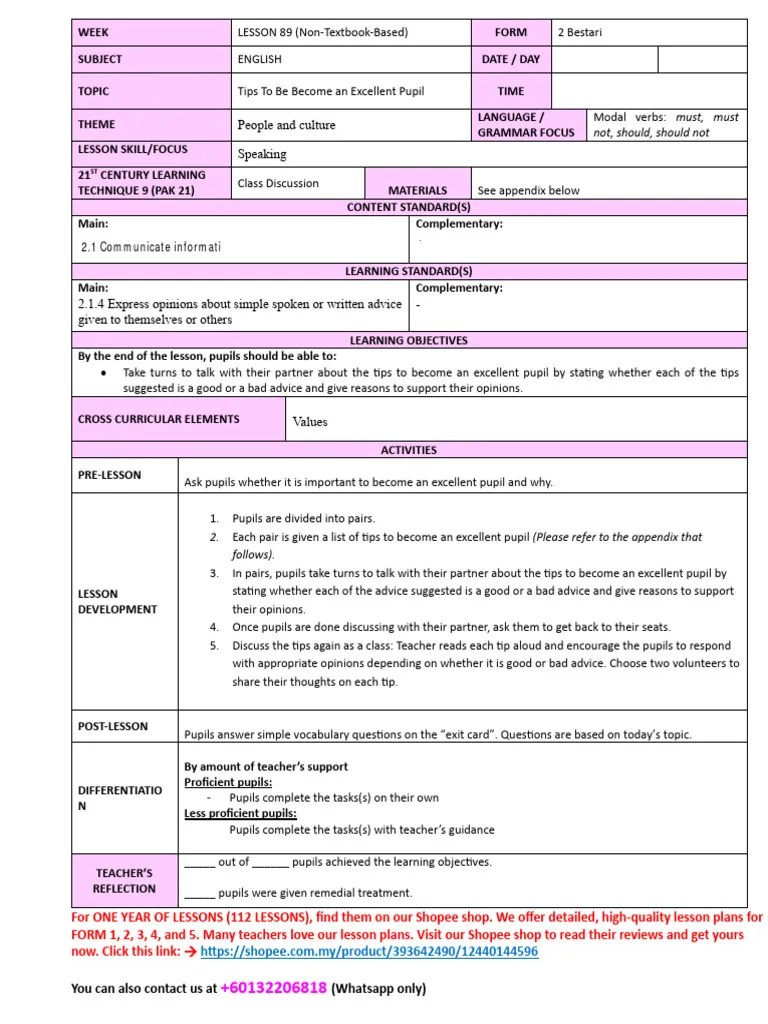 Latest Form 2 Lesson Plan (Cefr/kssm English Daily Lesson Plan) RPH Bahasa Inggeris Sekolah ...