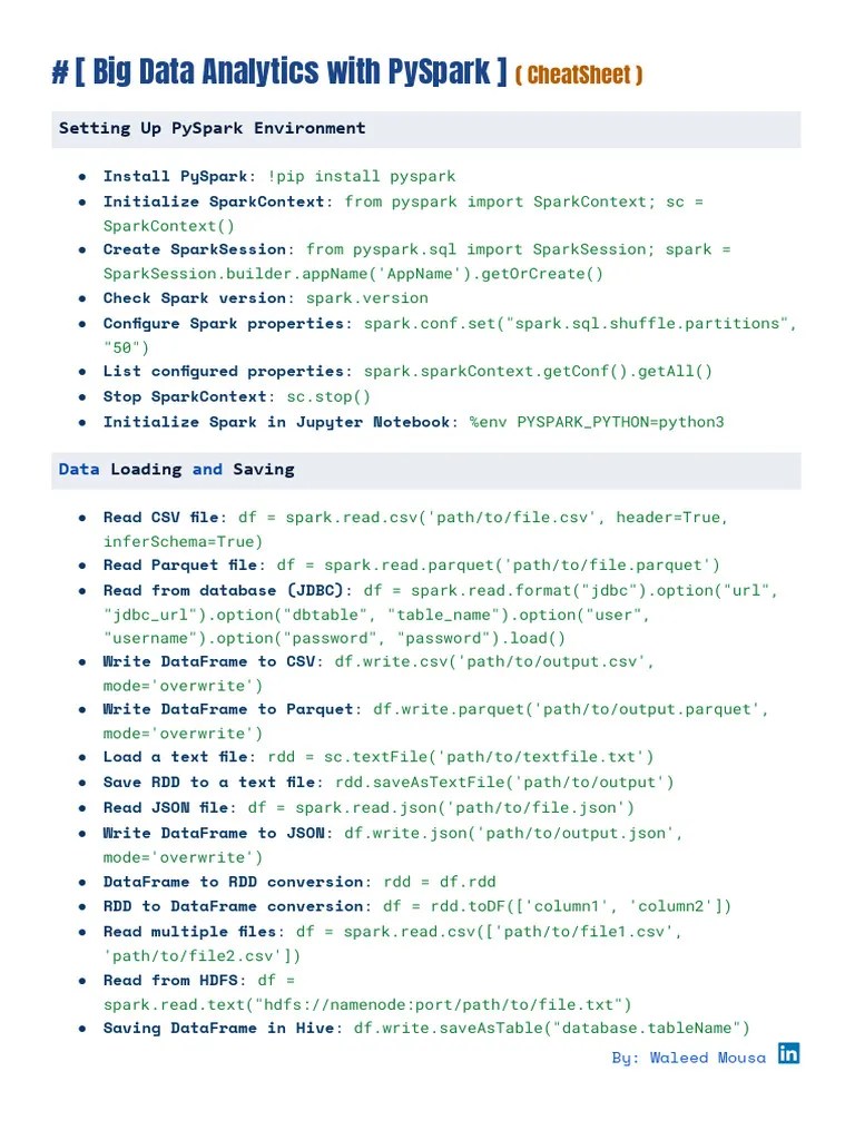 (Big Data Analytics With PySpark) (CheatSheet) | PDF | Apache Spark ...