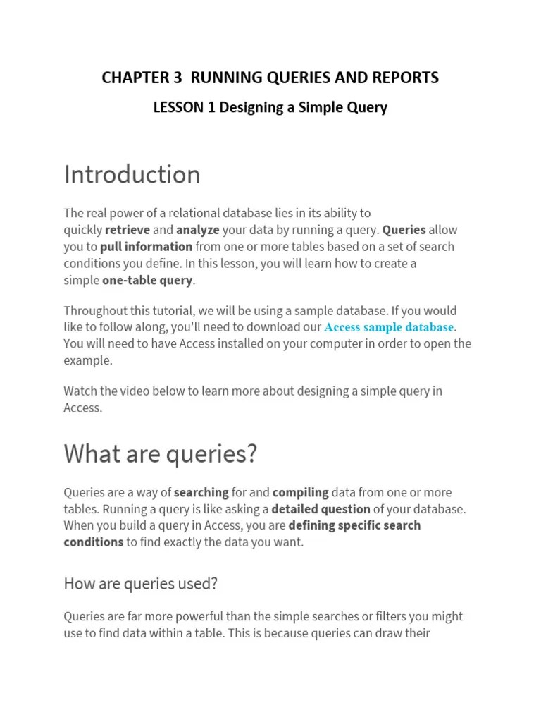 CHAPTER 3 LESSON 1 Designing A Simple Query | PDF | Information ...