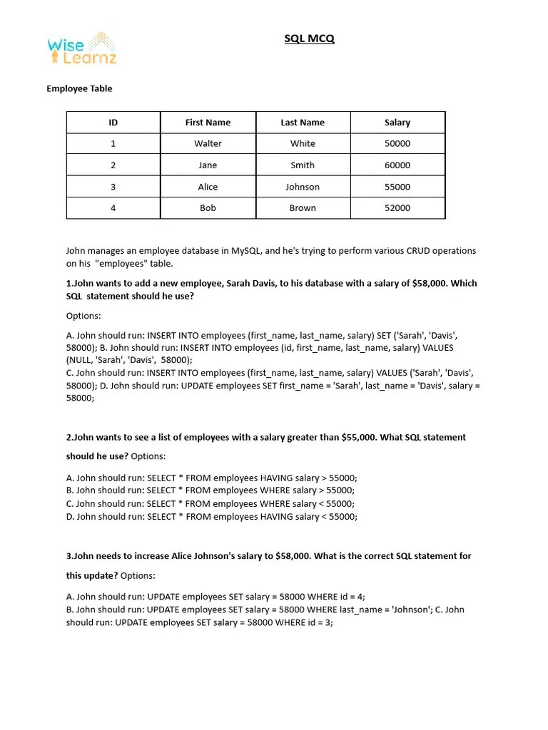 SQL MCQ | PDF | Computing | Information Technology Management