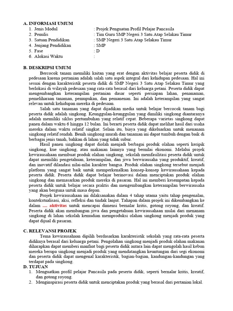 Modul P5 Kewirausahaan Singkong | PDF