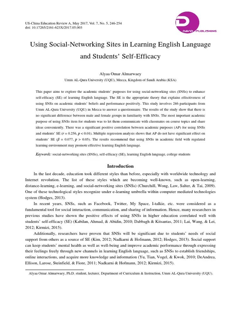 Using Social Networking Sites In English Language And Students' Self ...