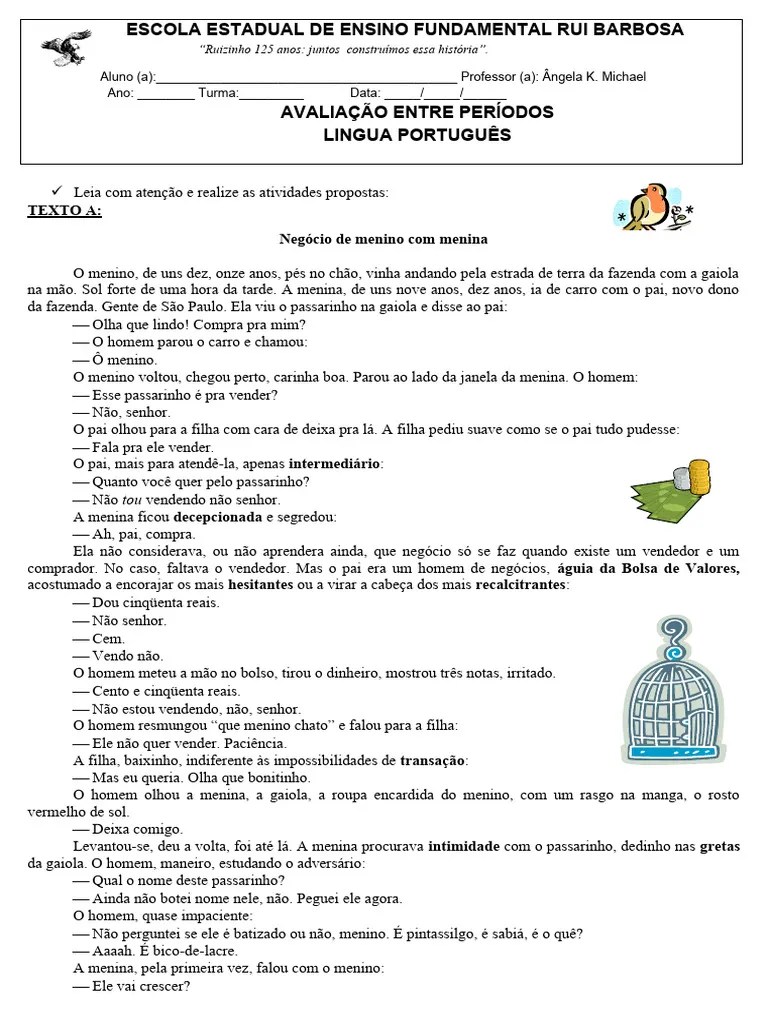 Avaliação Entre Periodos Portugues 8 Ano | PDF | Assunto (gramática) | Sintaxe
