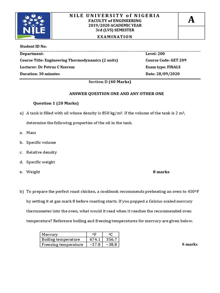 2019-2020 Engineering Thermodynamics Online Final Exams (LVS) | PDF ...