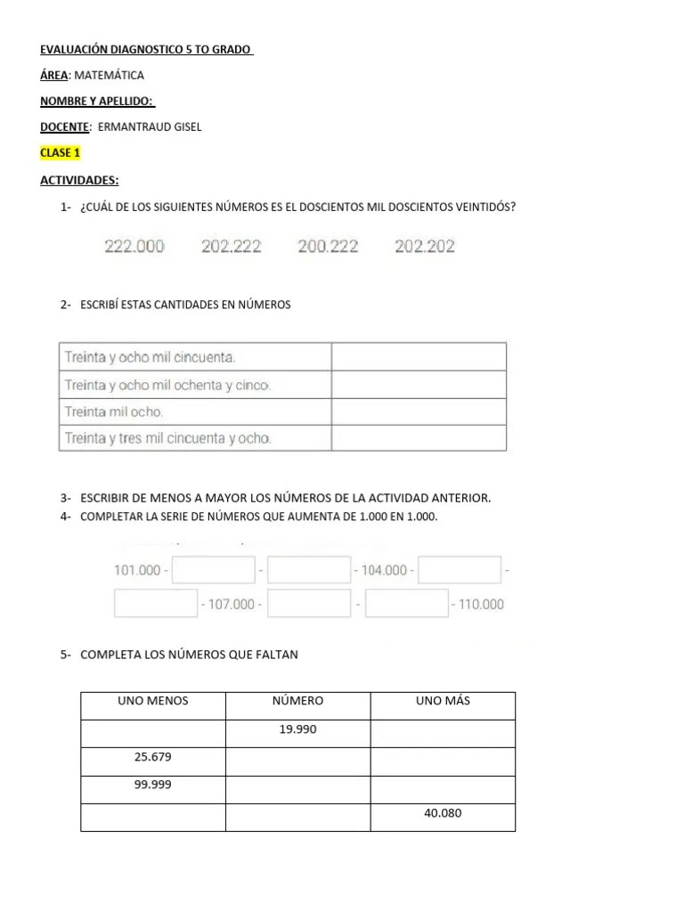 Evaluación Diagnostico 5 To Grado | PDF