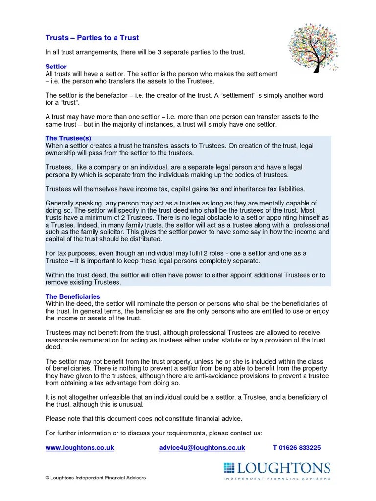 Parties To Trust | PDF | Trustee | Settlor