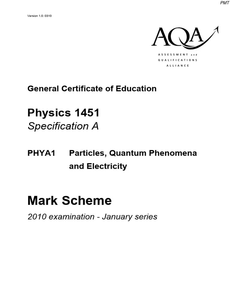 January 2010 MS - Unit 1 AQA Physics A-Level | PDF | Quark | Electron