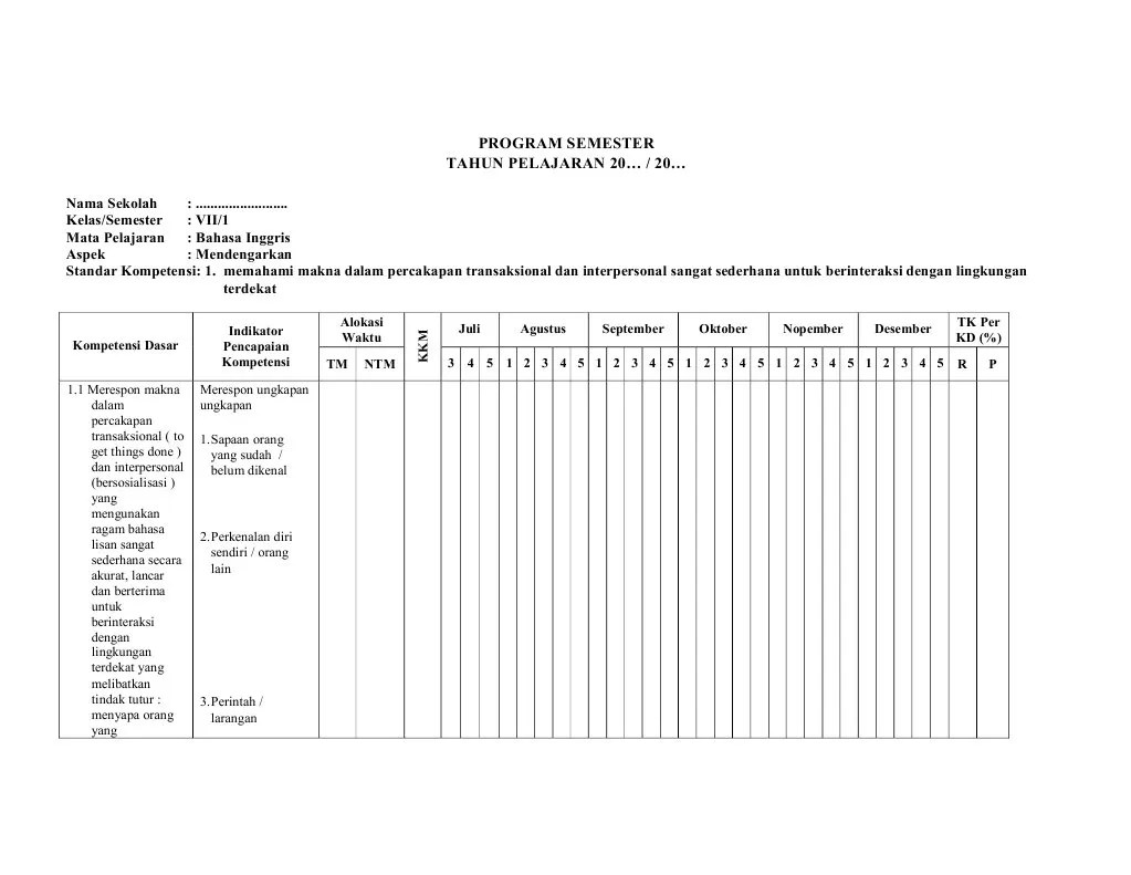 Klik link dibawah ini : Program Semester Bahasa Inggris Smp Kelas Vii Pdf