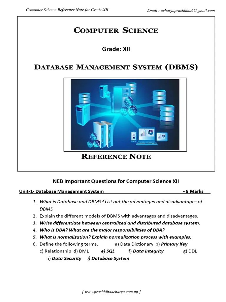 NEB Class 12 Computer Database Management System DBMS Notes | PDF | Databases | Database Index
