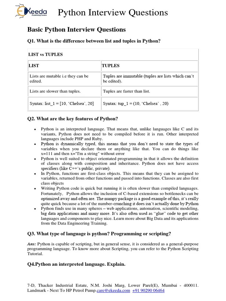 Basic Python Interview Questions | PDF | Python (Programming Language ...