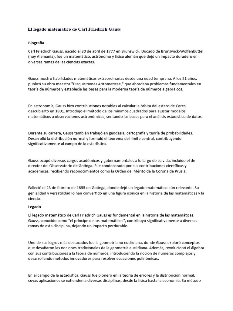 El Legado Matemático De Carl Friedrich Gauss Es Fundamental | PDF | Métodos Y Materiales De ...