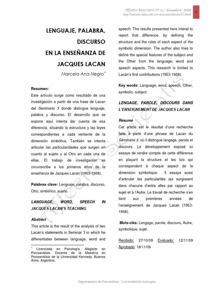 Lenguaje, Palabra Y Lenguaje | PDF | Jacques Lacan | Discurso