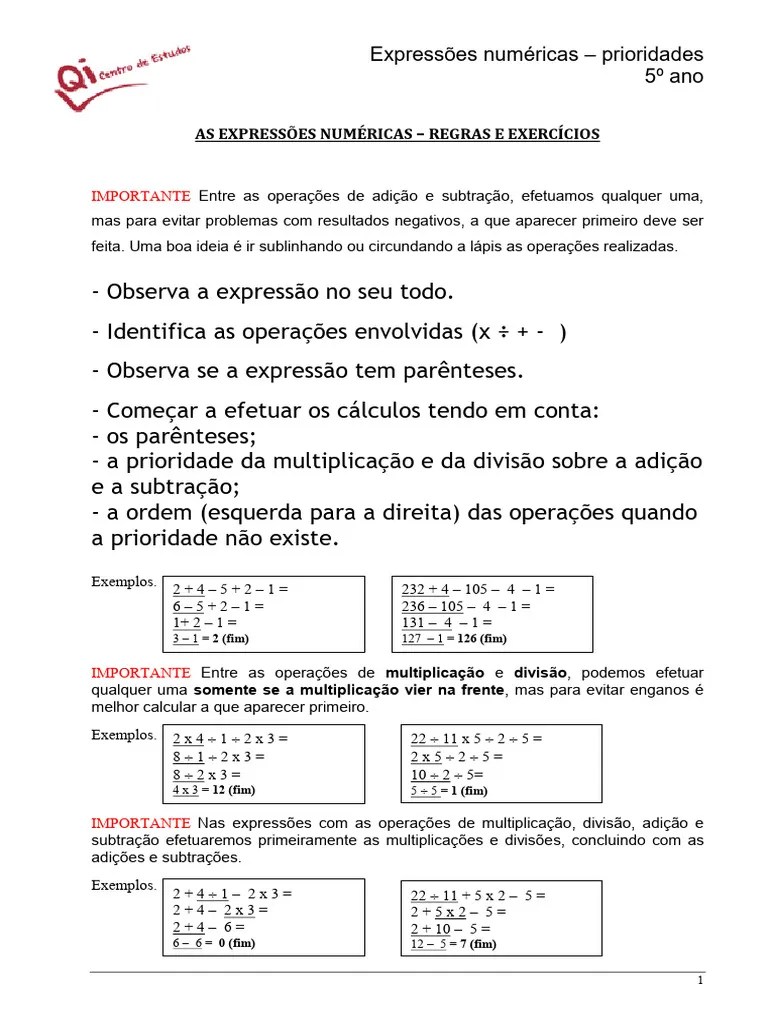 Expressoes-numericas-exercicios Atividades Conceitos Teoria Nivel ...
