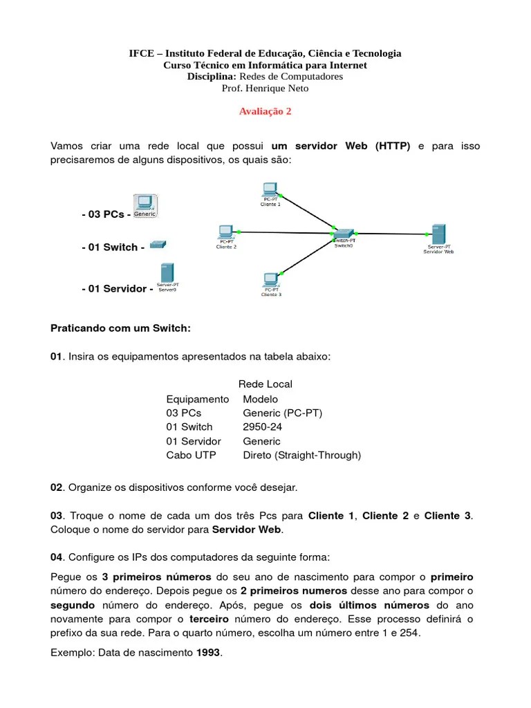 Avaliação2 Cisco Packet Tracer | PDF | Endereço De IP | Rede De ...