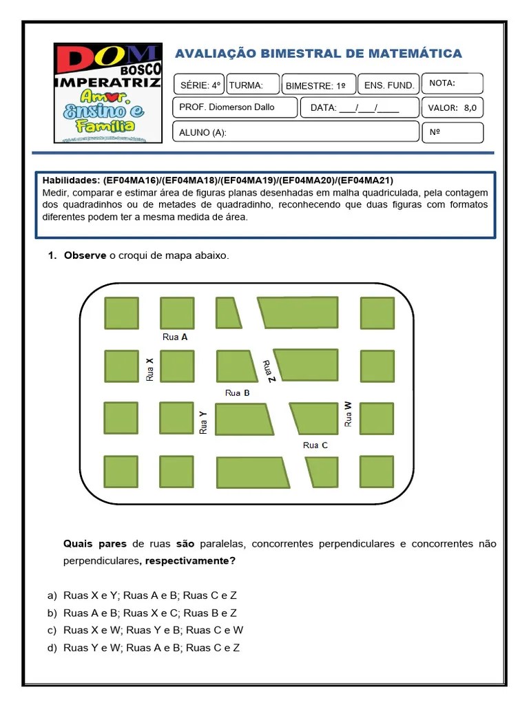 4º Ano - Avaliação Bimestral De Matemática - 1 B | PDF | Polígono ...