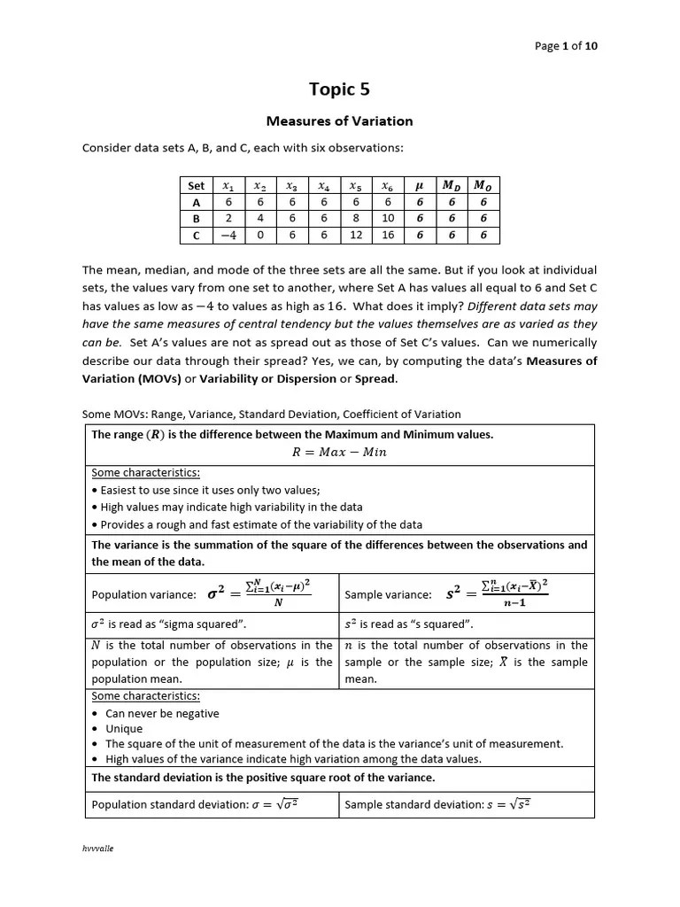 Topic5.Measures Of Variation Shapes Of Distribution | PDF | Coefficient ...
