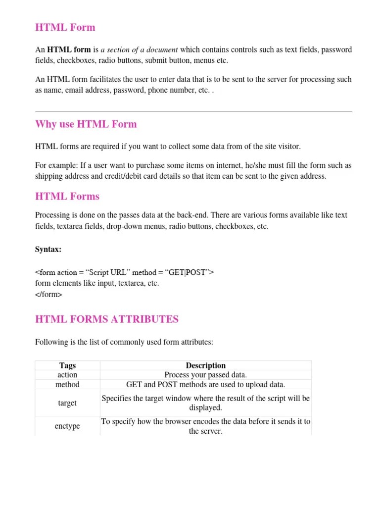 Forms And Frames In HTML Notes | PDF | Html Element | Html
