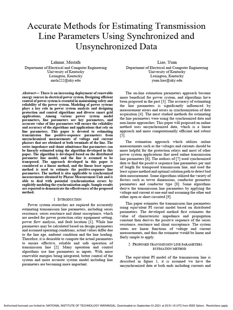Accurate Methods For Estimating Transmission Line Parameters Using Synchronized And ...