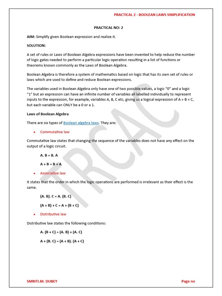 PRACTICAL 2 - BOOLEAN LAWS SIMPLIFICATION | PDF | Boolean Algebra ...