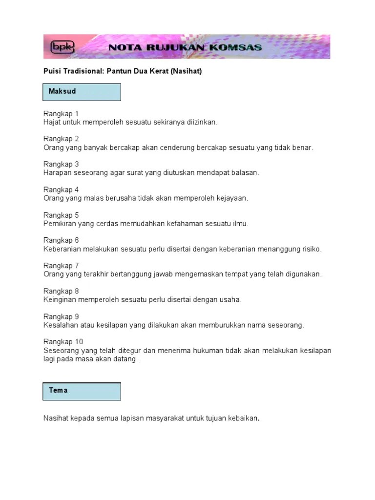 Persoalan tentang kesan buruk hasil daripada melakukan sesuatu yang . Puisi Tradisional Pantun Dua Kerat Nasihat Pdf