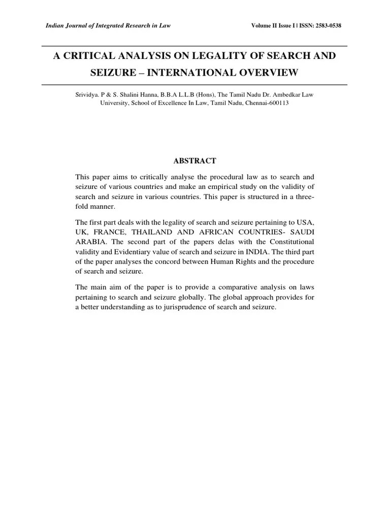 A Critical Analysis On Legality Of Search And Seizure - International Overview | PDF | Search ...