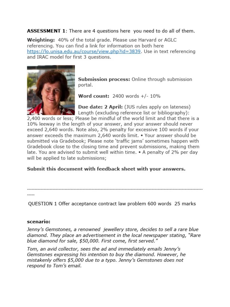 Assignment 1 Offer Acceptance Contract Law Problem 4 X600 Words 35 Marks | PDF | Business ...