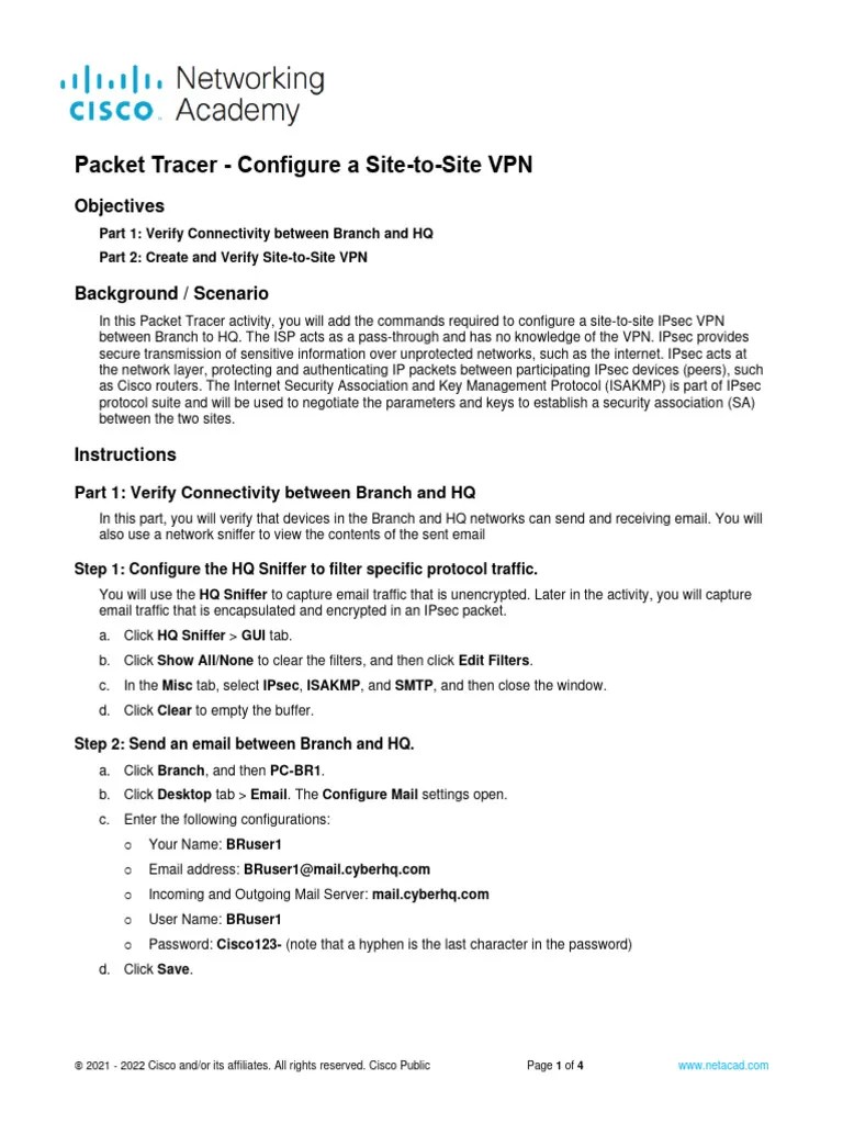 4.3.9 Packet Tracer Configure Site To Site VPN Answer Key | PDF ...