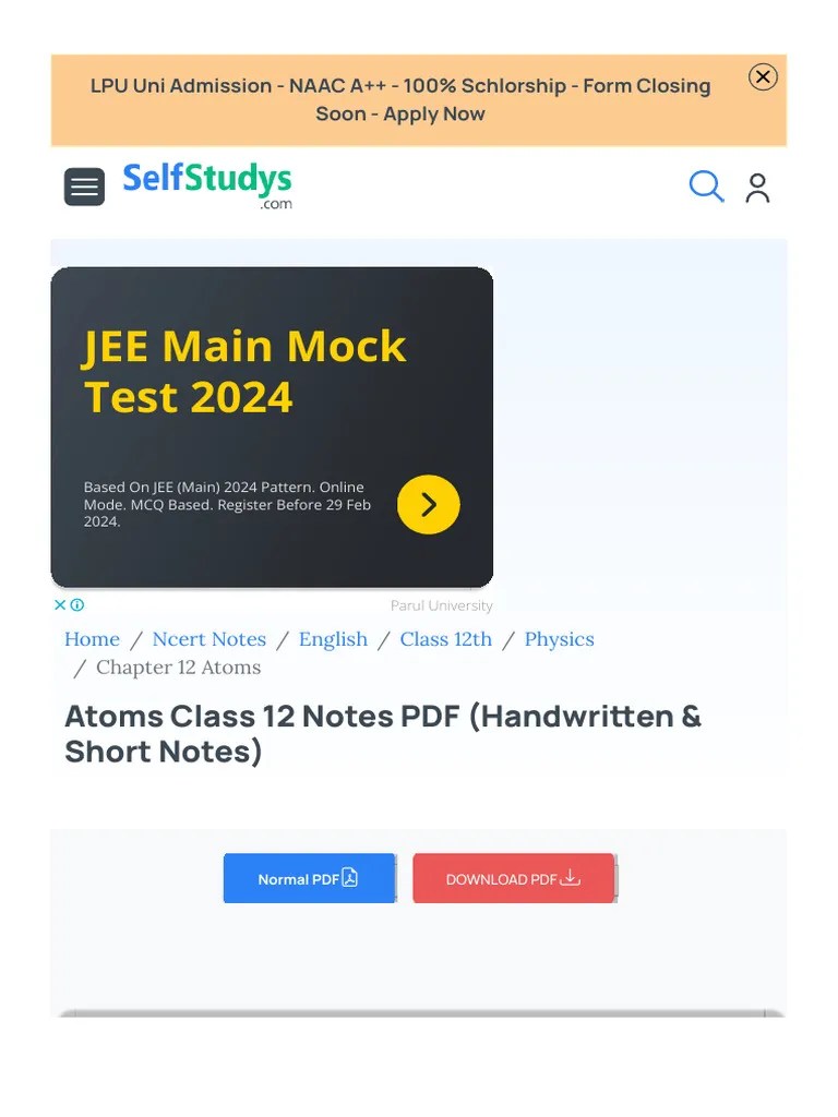 Atoms Class 12 Notes PDF (Handwritten & Short Notes) | PDF | Concept ...