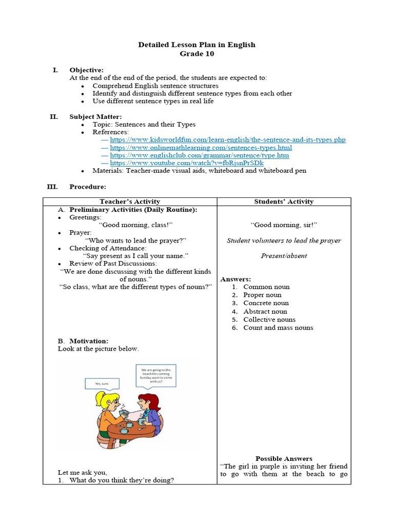 Detailed Lesson Plan (Sentences And Their Types) | PDF | Sentence ...