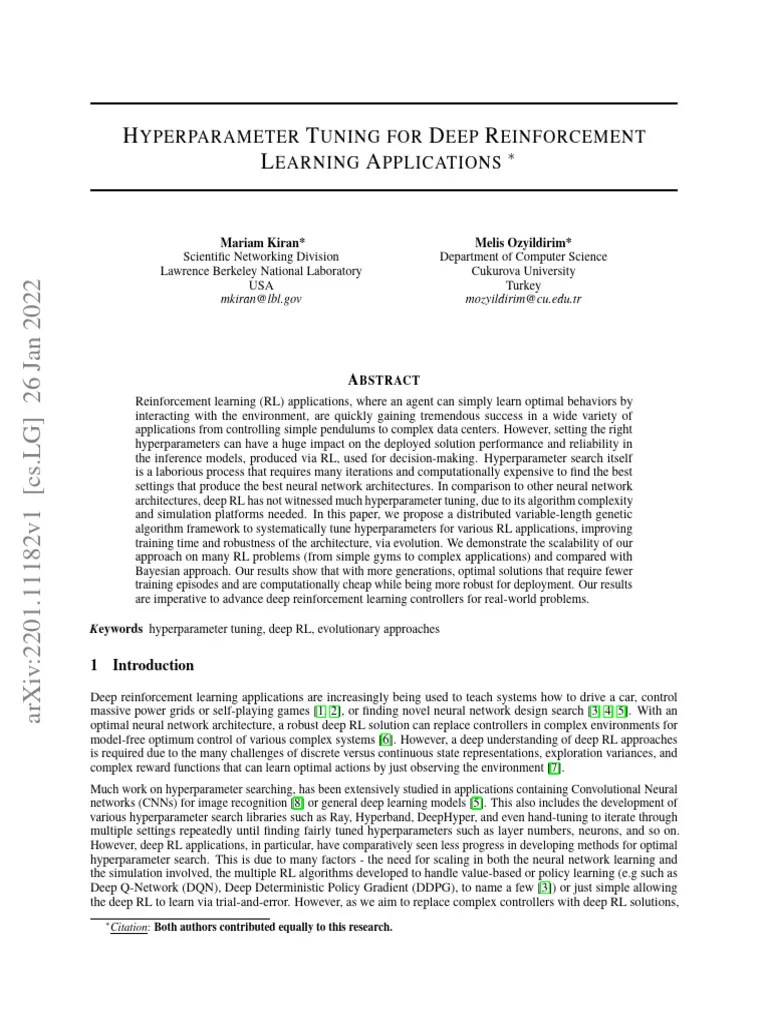 Hyperparameter Tuning For Deep Reinforcement Learning Applications ...