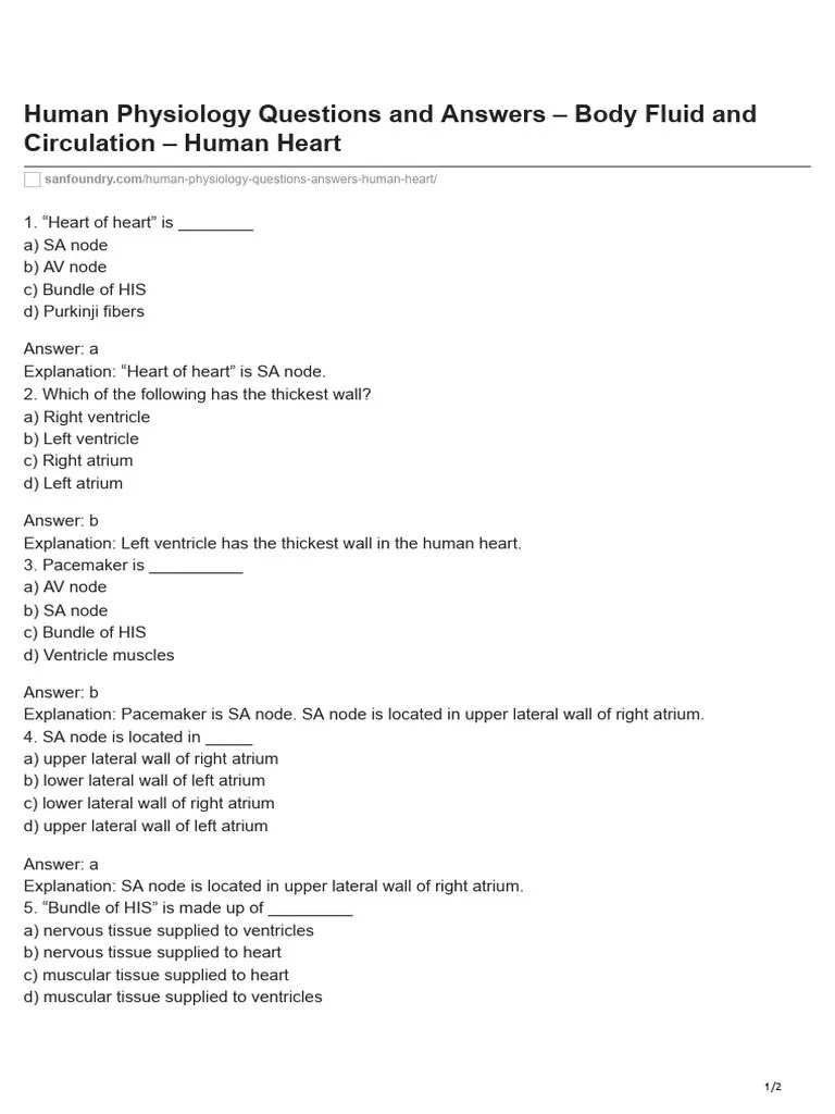 Human Physiology Questions And Answers Body Fluid And Circulation Human ...