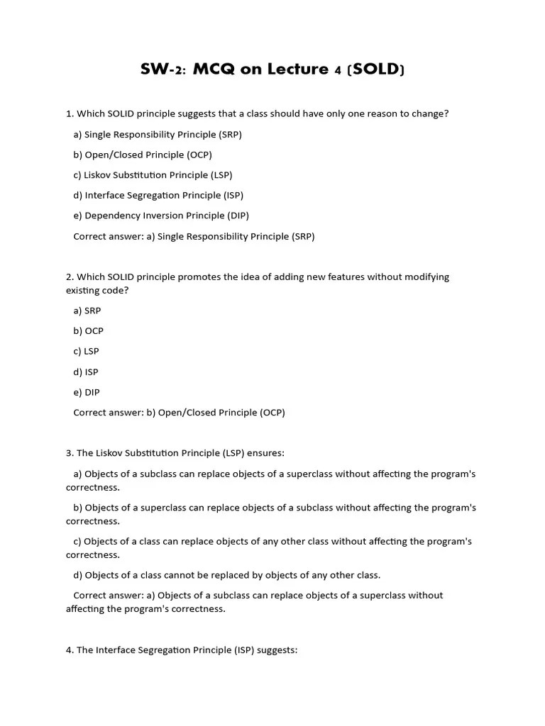 SW-2 Lecture 4 MCQ (SOLID) | PDF | Inheritance (Object Oriented ...